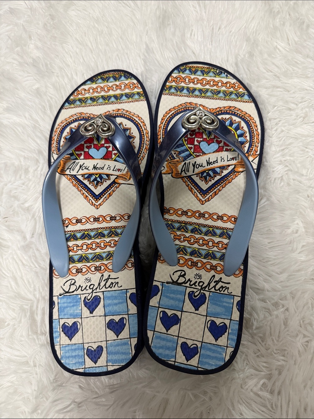 Brighton Multicolor Heart-Print Flip Flop Sandals with Blue Straps